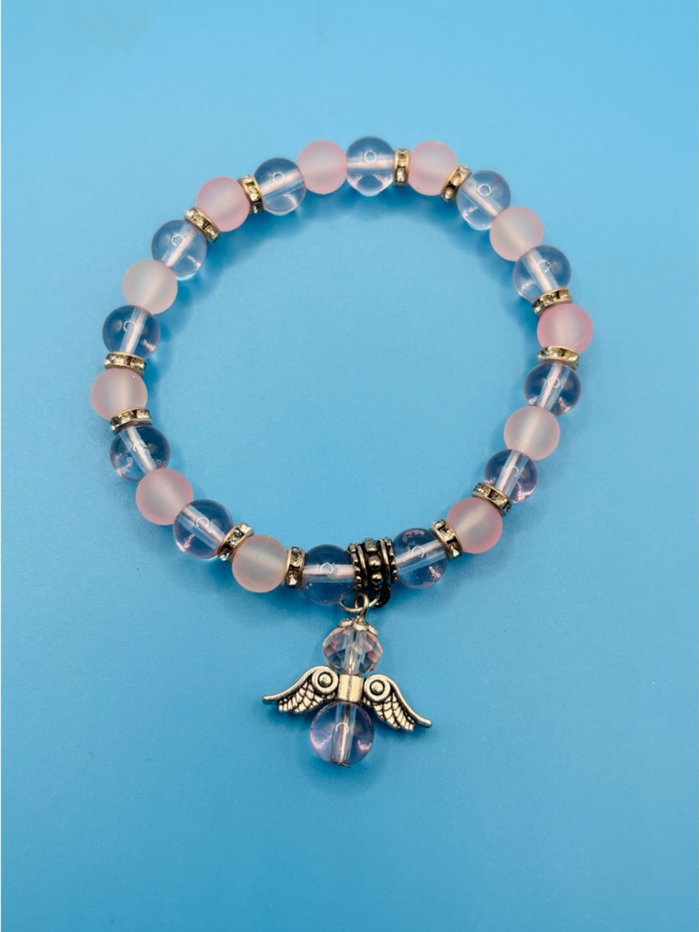 Pink and Clear Beaded Angel Charm Stretch Bracelet - Women Jewelry